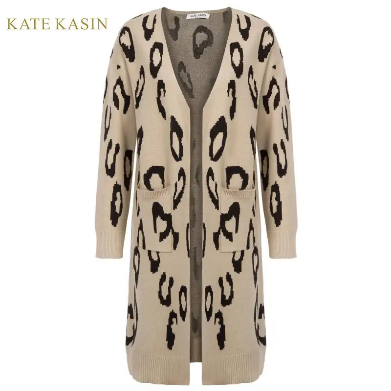 

Kate Kasin Women Casual Leopard Pattern Long Sleeve Dropped Shoulders Knitwear Cardigan