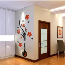 Top Grande Frete Grátis 2016 Modern Retro TV Sala de Casa Decoração Vaso de Flor de Ameixa Árvore De Cristal Arcylic 3D Adesivo de Parede