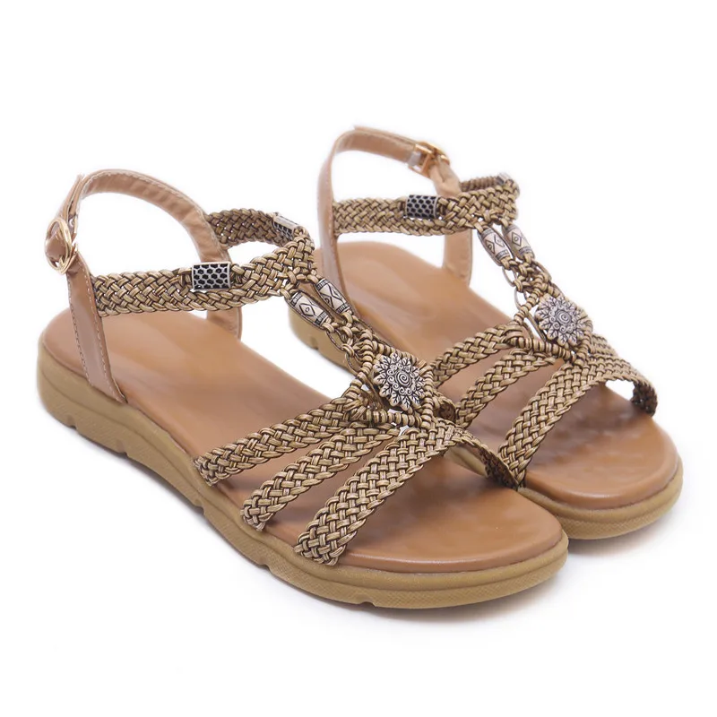 

B2-7 DF Size 35-41 Woman Comfort Braid Flat Heels Sandals Female Gladiator Buckle Strap Shoes Teenager Girls Vintage Shoe Women