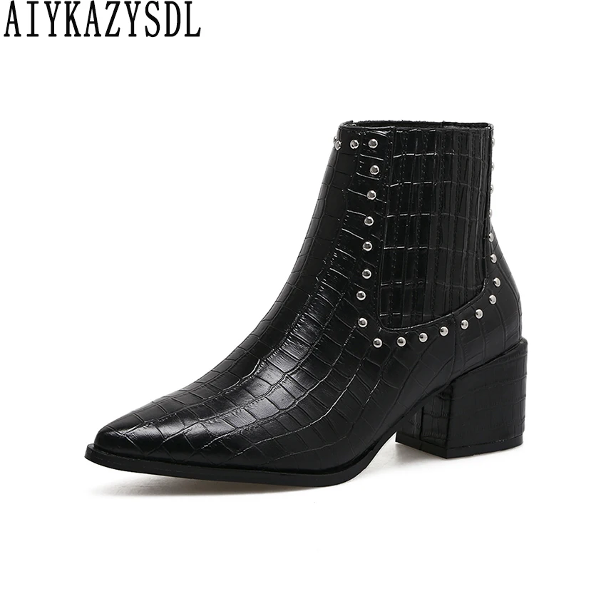 

AIYKAZYSDL Autumn Women Ankle Boots Chelsea Boots Texture Motorcycle Biker Bootie Thick Block Med Heel Woman Pointed Toe Shoes