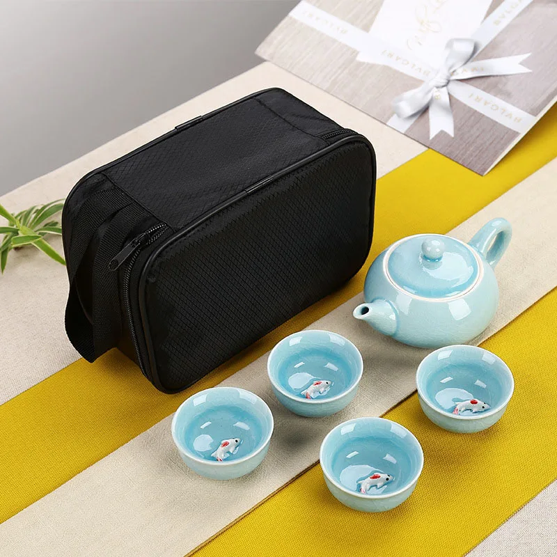 

Chinese Travel Tea set,ceramic 3D fish Kungfu teaset,Beautiful and easy GongFu teapot kettle, Ceramic Portable Teaset,Coffee Cup