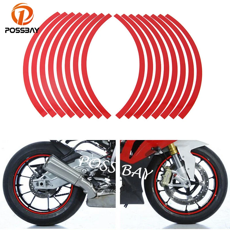 

POSSBAY 16 Pieces/Set Universal 10"-12" Reflective Wheel Rim Stripe Tape Stickers Red Decal Fit Car Motorcycle Printing Film ATV