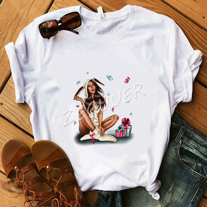 

Funny Lady T-Shirt Bunny Pajamas Girl Graphic T-Shirt White Cotton Soft O-Neck Tees Vacation Tops Harajuku Women Clothing