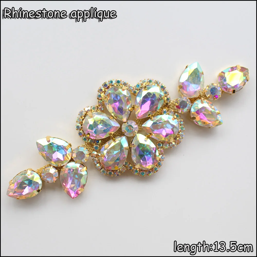 Hot Sew on rhinestones 1pcs 13.5cm gold base crystalAB strass flatback