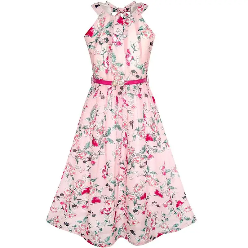 Flower Girl Dress Pink Floral Red Belt Chiffon Maxi dress 2020 Summer Princess Wedding Party Gowns Kids Clothes Size 6-14 | Детская