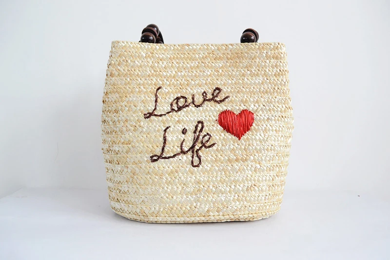 

28x26CM New Wind Shoulder Bag Handbag Woven Straw Bag Beach Love Life A2894