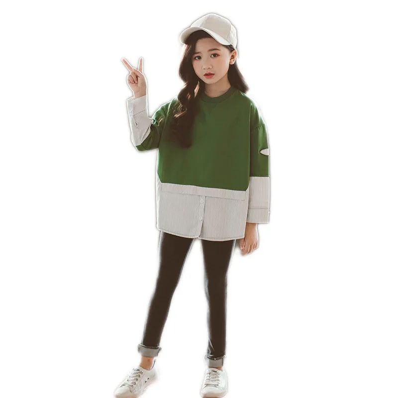 

2018 Spring Autumn Korea Style Girls Fashion Elegant Princess Clothing Suits Kids Spliced T-Shirt Coat+Jeans Pants 2pcs Set E391