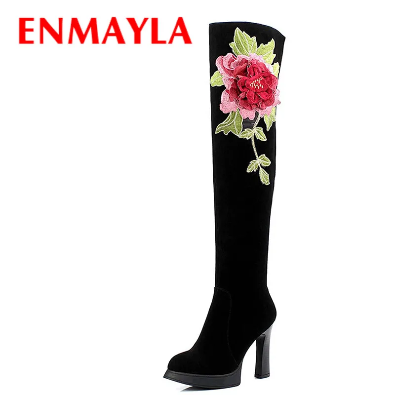 

ENMAYLA Winter High Heels Over the Knee High Boots Suede Red Black Platform Thigh Boots Women Thigh High Embroidery Boots Shoes