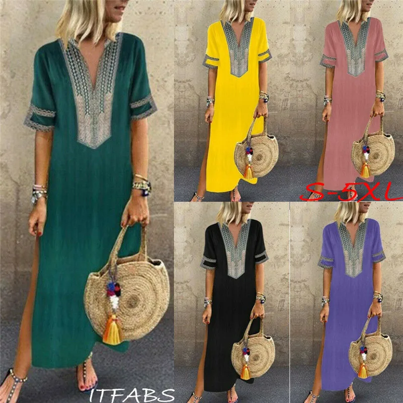 

2019 Women Long Maxi Dresses Bohemia V-neck Short Sleeve Floral Print Ethnic Summer Beach Female Stylish Style Dress Sundress