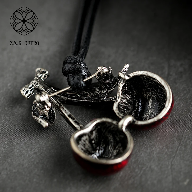 New in Cherry Pendants Necklace for Women Black Leather Chains