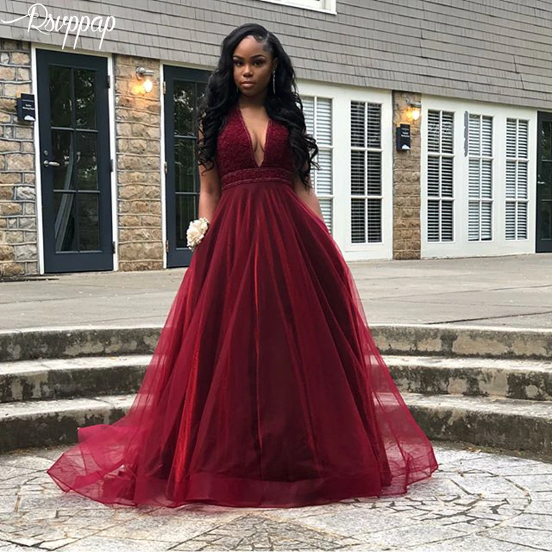 

Long Prom Dresses 2020 Gorgeous A-line V-neck Top Pearls Elegant African Girl Burgundy Tulle Party Plus Size Prom Dress