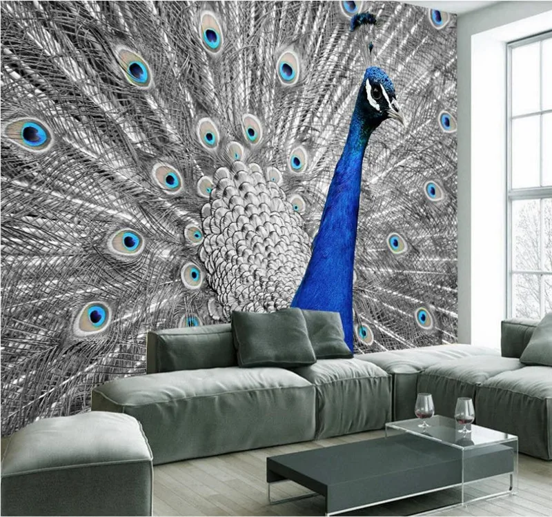 Custom 3D Wallpaper Modern Simple Aesthetic Blue Peacock Open Background Wall Painting - Silk Waterproof Material Custom 3D Wallpaper Modern Simple Aesthetic Blue Peacock Open Background Wall Painting - Silk Waterproof Material