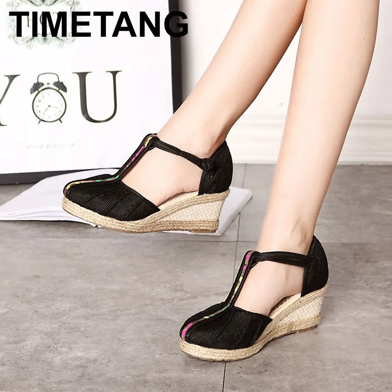 

TIMETANGSummer Style Women's Linen T-strap Pumps Wedges Sandals Retro MedHeel Soft Cotton Platform Sandials Shoes for LadiesE344