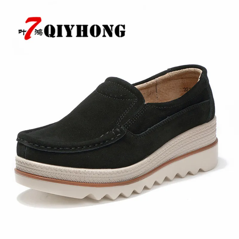 2018 Cuir forme Plate Glissement Femmes Creepers Qiyhong Sneakers gris Chaussures noir Talons bleu Beige Daim En Automne Casual Appartements Mocassins Sur 4zqdw