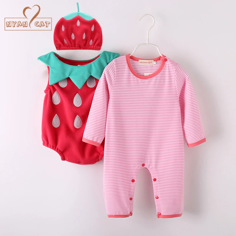 NYAN CAT Baby Girl Outfit Strawberry Costume Full Sleeve Romper Hat Vest Infant Halloween Festival Purim