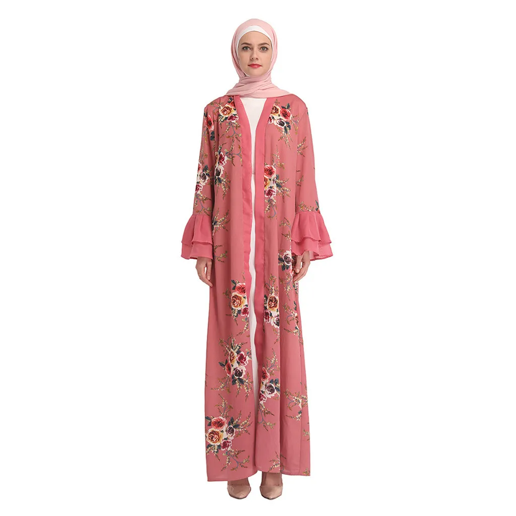 Muslim Abaya Floral Maxi Dress Cardigan FLowers Skirt printed Long Robes Tunic Middle East Ramadan Islamic Clothing black 4.13