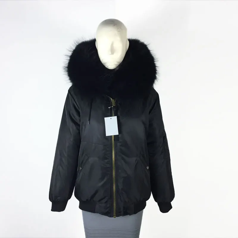 Best Offers Winter & Spring Black Cool Bomber Jacket with Big Raccoon Fur Collar thicken fur lining factory price