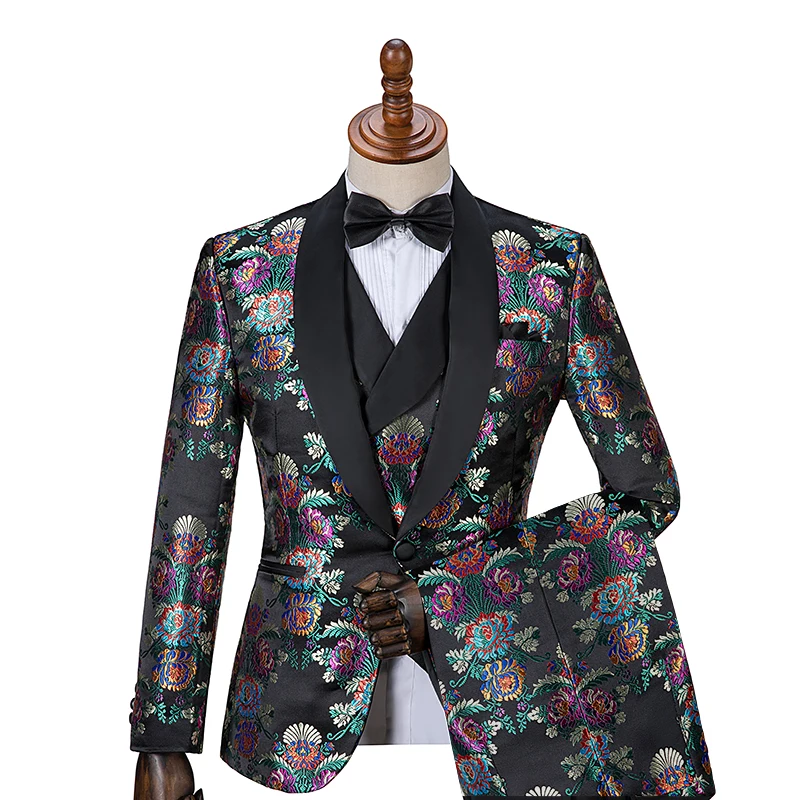 

Gwenhwyfar New Fashion black Print Suit Groom Tuxedos Groomsman Suit Custom Made Man Suit Stage Wear Casual Men Stage clothing