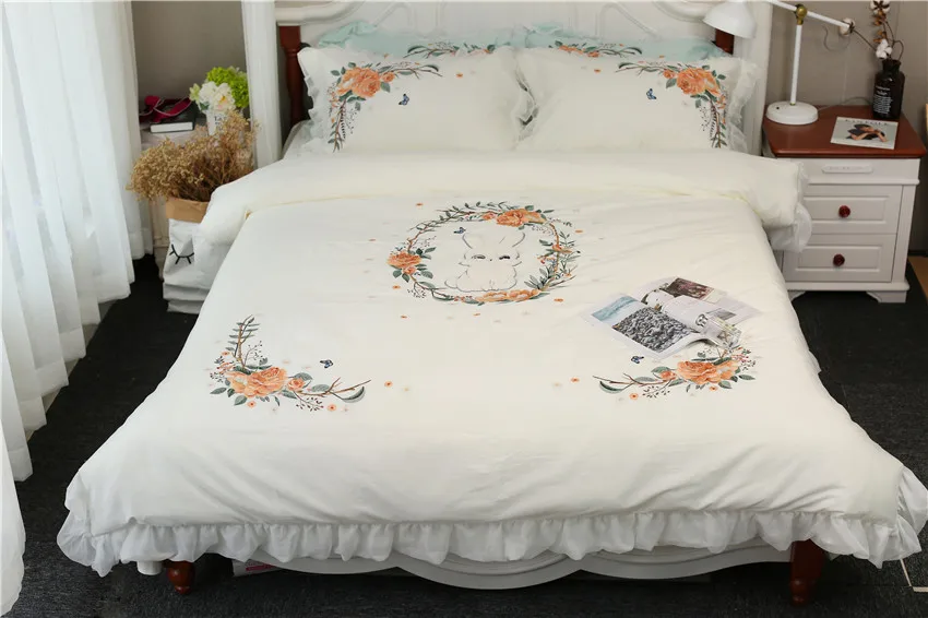 Best Thick Cotton Soft Bed sheet set White Pink Princess style Bedding sets Queen King size Rabbit Patch Embroidery Duvet cover 38