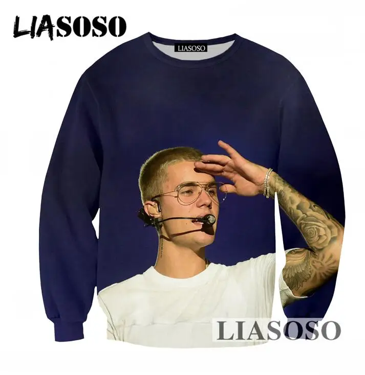 LIASOSO Harajuku Sweatshirt 3D Print Popular Singer Justin Bieber Men Women Tracksuits Loose Long Sleeves Pullovers Tops T743