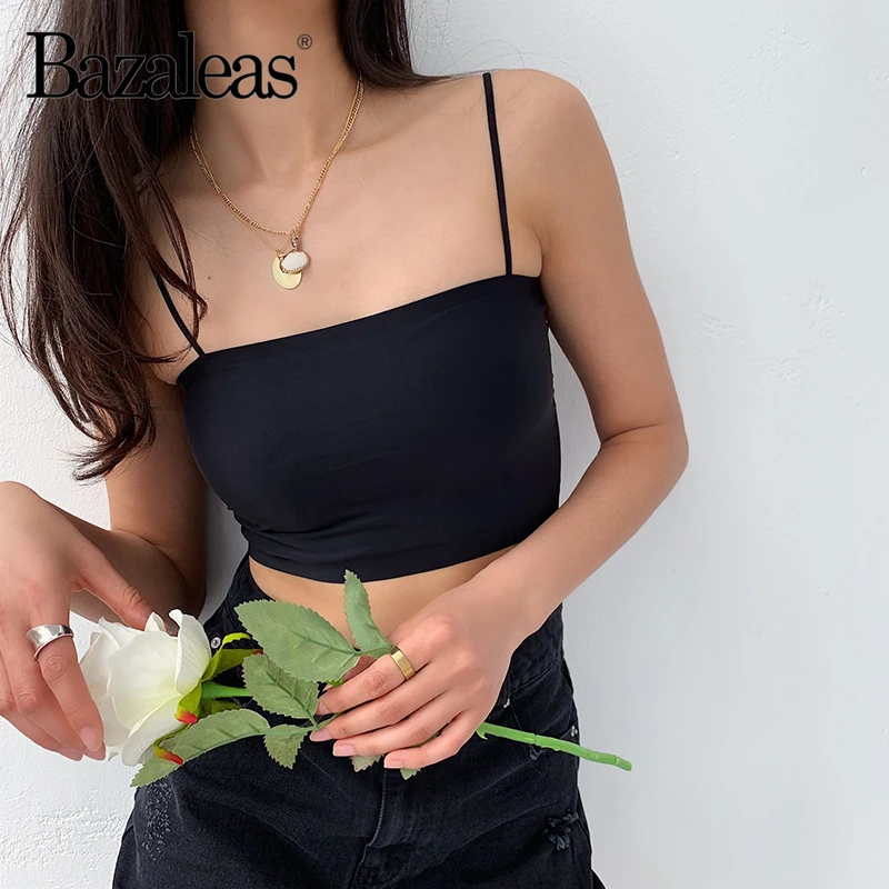 Bazaleas универсальные гладкий черный Женская майка Slim Для женщин укороченные сексуальный топ модные Повседневный укороченный топ Перевозка груза падения