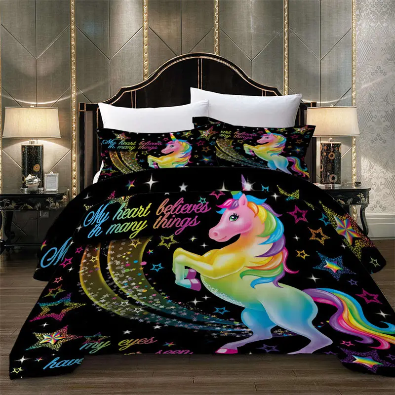 

Bonenjoy Unicorn Bedding Set King Size Black Color Rainbow Unicorn Duvet Cover with Pillowcase Queen Twin Double Bedding Sets
