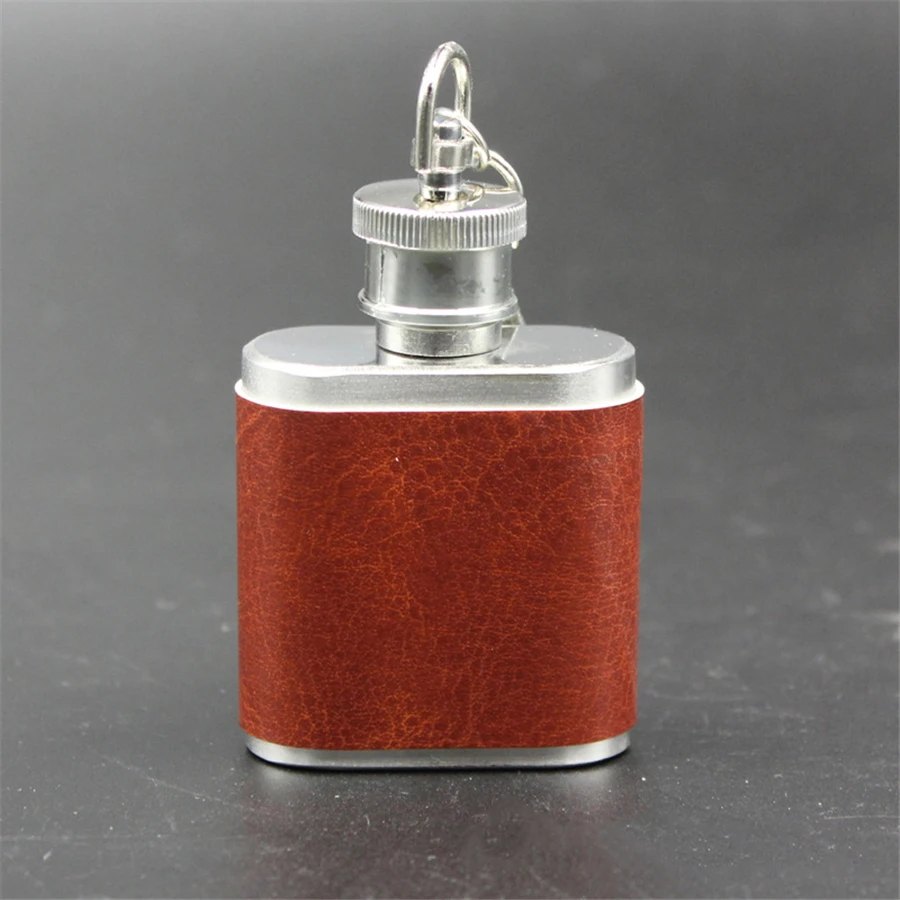 2 Mini Hip Flask with  Leather Personalized  Stainless Steel Drink Mug Bottle with Key Chain 1Oz Portable Wine Flask
