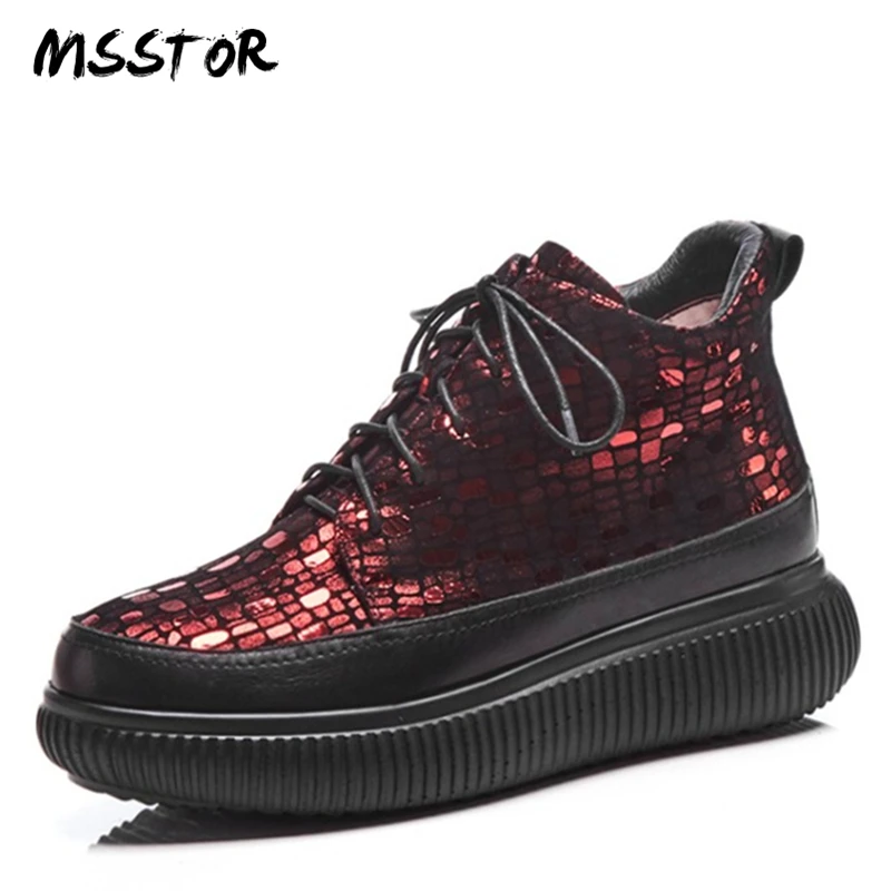 

MSSTOR Sheepskin Casual Sneakers Women Fashion Shoe Laces Plus Size 34-42 Wedges Platform Boots Round Toe Ankle Boots For Women