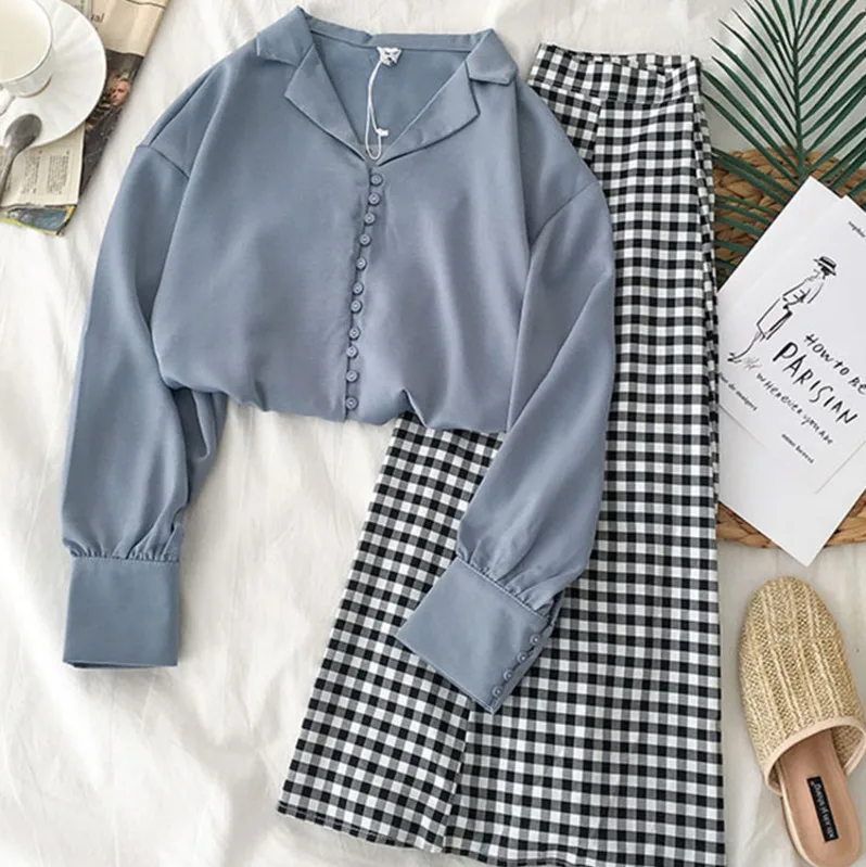 

Elegant Plaid Long Skirt Women Summer Two Piece Set V-neck Blue Blouse + High Waist A-line Skirt Office Lady Wear Matching Sets