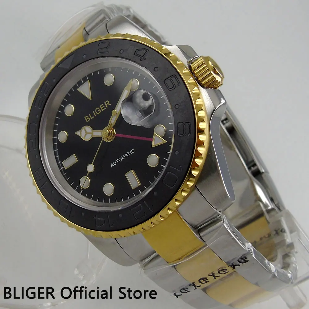 

Sapphire Crystal BLIGER 40MM Black Dial Black Ceramic Bezel GMT Function Golden Plated Case Automatic Movement Men's Watch B277