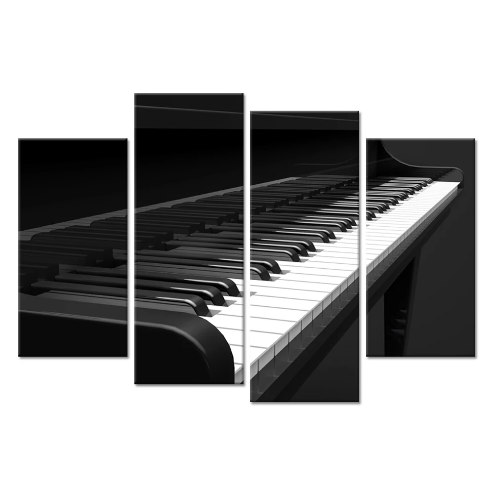 4 Panel Music Canvas Wall Art Black And White Piano Keys Closeup