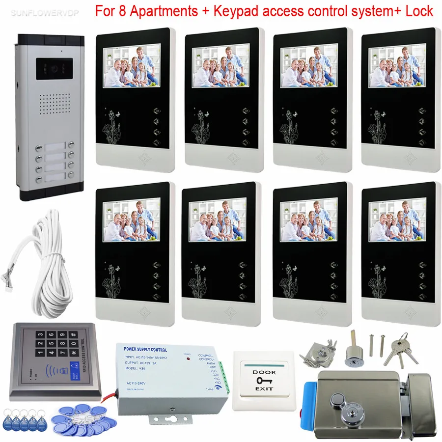 Villa Doorphone Video Intercom 8 Color Screens 4.3\ With Rfid Code Keypad System CCD Door Camera Bell Videophone+Eletronic Lock