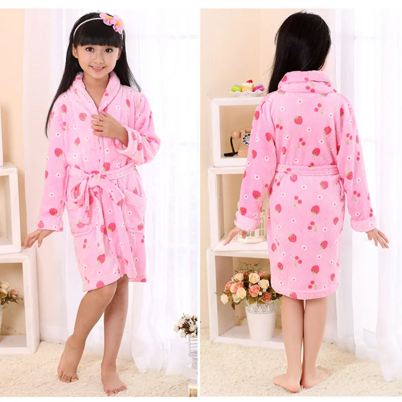 Детский фланелевый Халат-кимоно, халат для подростков, для мальчиков и девочек, детский банный халат с рисунком кролика и клубники, розовый 4-14T - Цвет: Розовый