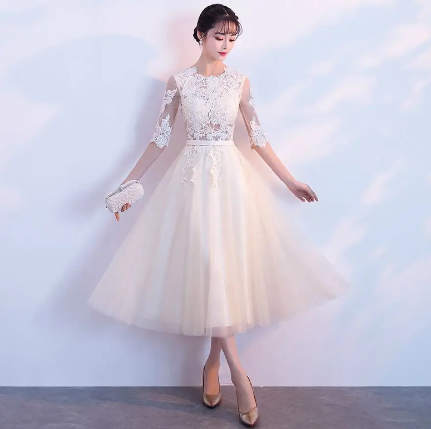 Vestidos para boda invitadas новые кружевные полурукава A Lina бордовые темно-синие цвета шампанского вечерние Вечерние Длина чая suknie na wese - Цвет: Шампанское