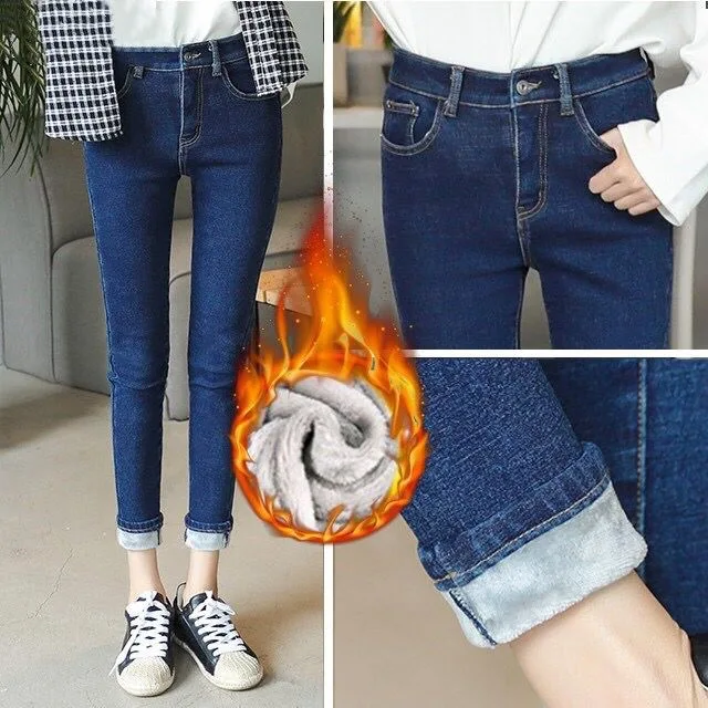 С высокой талией теплые джинсы для женщин большие размеры корейский стиль свободные джинсы для женщин женские узкие длинные штаны модные синие штаны зимние 5XL теплая джинсовка руно