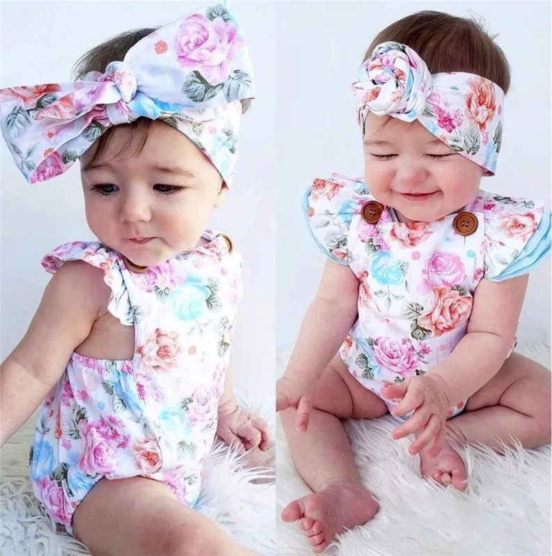 2pcs/Set Summer 2018 Cute Infant Baby Girls Floral Sleeveless Romper +Headband Summer Sunsuit Clothes Baby Costume 0-24M