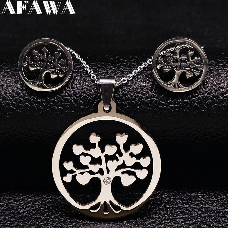 

2019 Fashion Tree of Life Stainless Steel Jewelry Set for Women Necklace and Earrings Silver Color Set Jewelry conjunto S178307