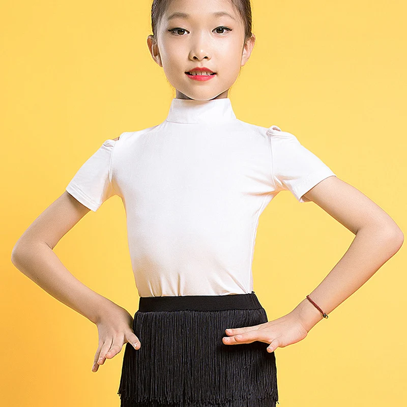 

3 Colors New Children Latin Dance Tops Girls Ballroom Dance Exercise Costume Cha Cha Samba Short Sleeve Latino Dancewear DWY1687