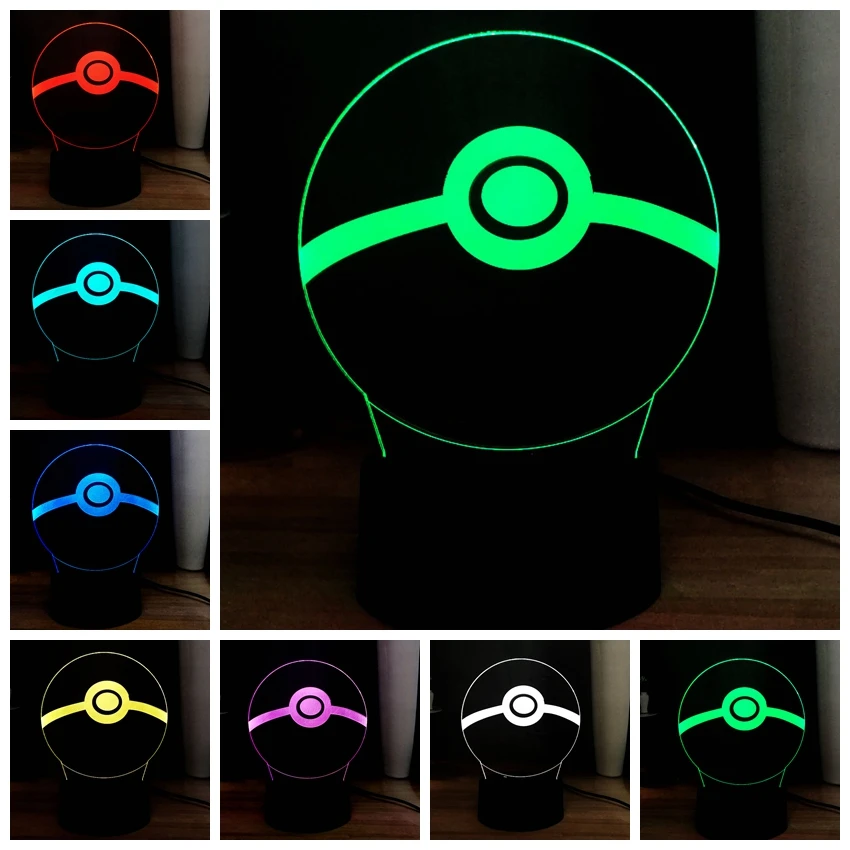 3D иллюзия Лампа Покемон Пикачу мяч USB переключатель RGB 7 цветов Изменение LED