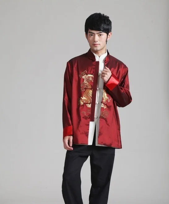 С длинным рукавом вышивка дракон китайский традиционный костюм мужские винтажные боевые искусства Кунг Фу рубашка Красный цвет Куртка Верхняя одежда
