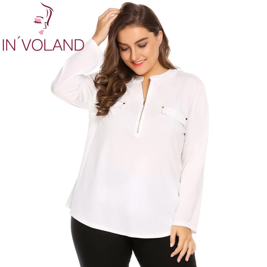 IN'VOLAND, большие размеры, XL-5XL, женская блузка, Blusas, топы, весна-осень, стоячий воротник, длинный рукав, на молнии, большие пуловеры размера плюс