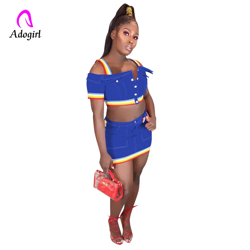 

Denim Suits Women Summer 2 Piece Set High Quality Denim Skirt Suit Lady Rainbow Bandage Strap Crop Top + Pockets Mini Skirt Suit