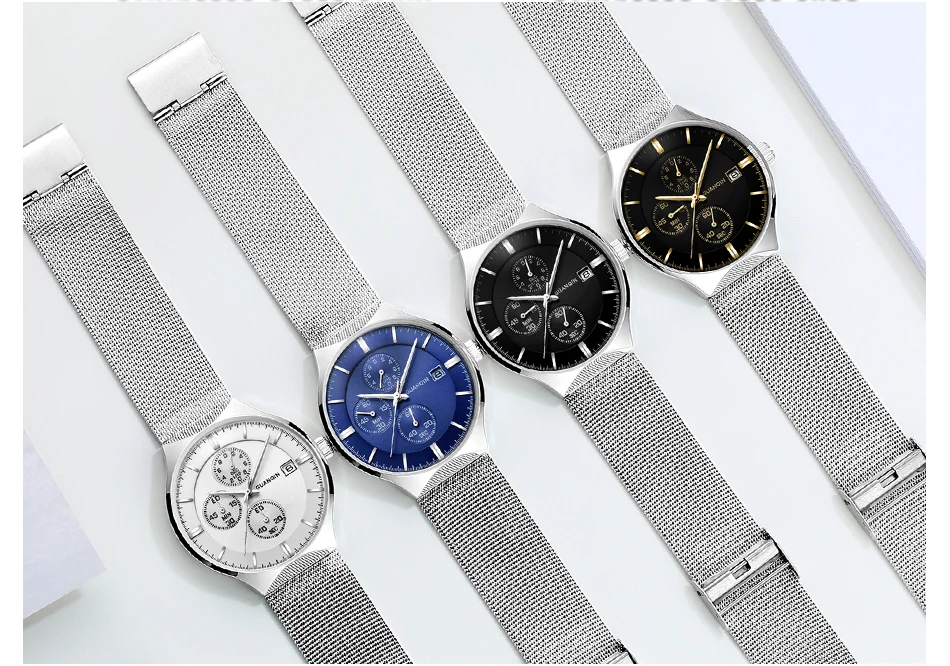 2018 GUANQIN Brand Luxury Men's Fashion Chronograph Calendar Watches Men Business Casual Mesh Band Waterproof Quartz Wrist Watch