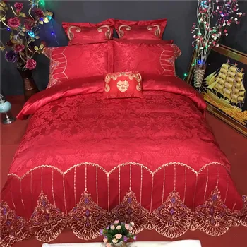 

New silk cotton jacquad 4/6/9 Pcs Bedding Set lace Bedclothes red Bed Linens Duvet Cover Set Bed Sheet