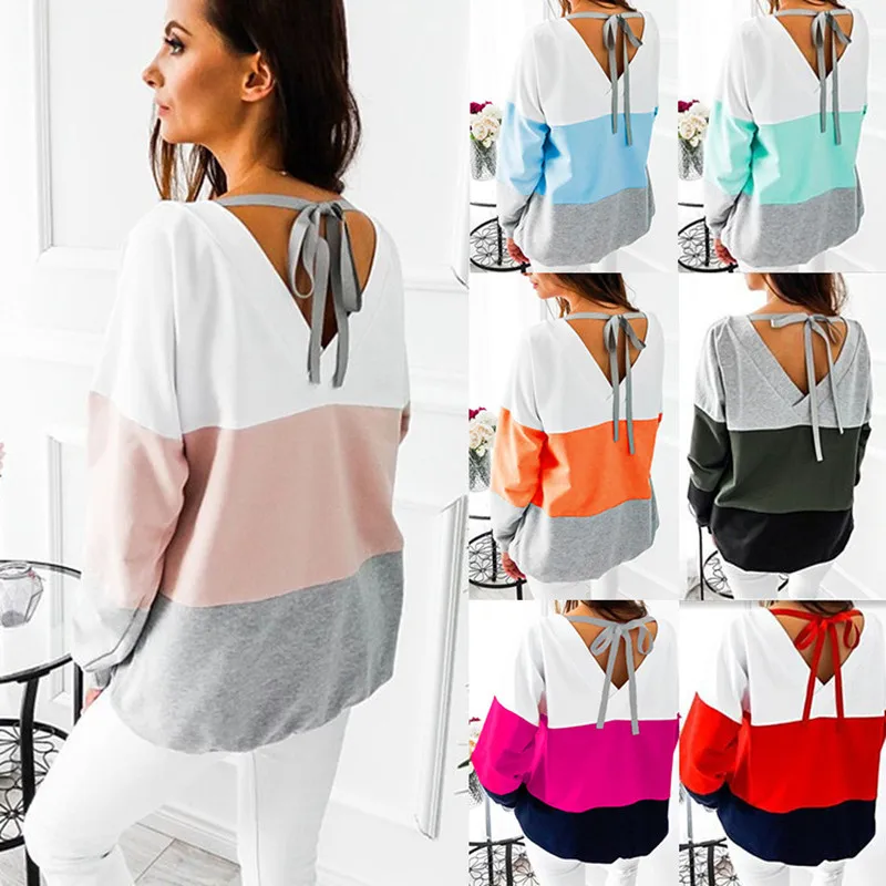 SINFEEL 2018 Autumn Sweatshirt Female Color Block Patchwork Sexy V Back Hoodie Femme Top Tee Shirt O-neck Sweatshirt Women SINFEEL 2018 Autumn Sweatshirt Female Color Block Patchwork Sexy V Back Hoodie Femme Top Tee Shirt O-neck Sweatshirt Women