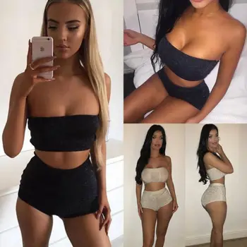 

2018 New Women's Bandage Sexy Chic Casual Ladies Set Strapless Crop Top Shorts Metal Fabric High Waist Solid Color