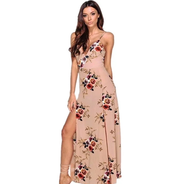 

Summer Floral Print Women Strap Long Dresses 2019 Sexy Deep V Neck Backless Split Dress Robe Femme Party Maxi Dress Boho Vestido