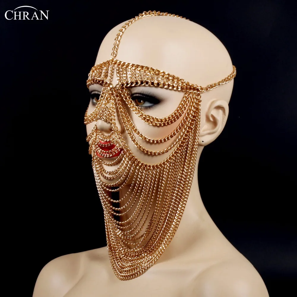 Chran новая сексуальная роскошная женская Панк многослойная металлическая цепочка на голову головной убор ювелирное изделие повязка на голову, маска для лица украшения для тела CRBJ805