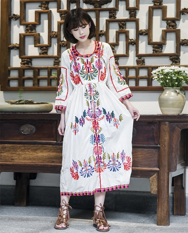Высокое качество Новое Женское винтажное этническое цветочное вышитое хлопковое длинное платье-туника хиппи бохо свободное мексиканское платье
