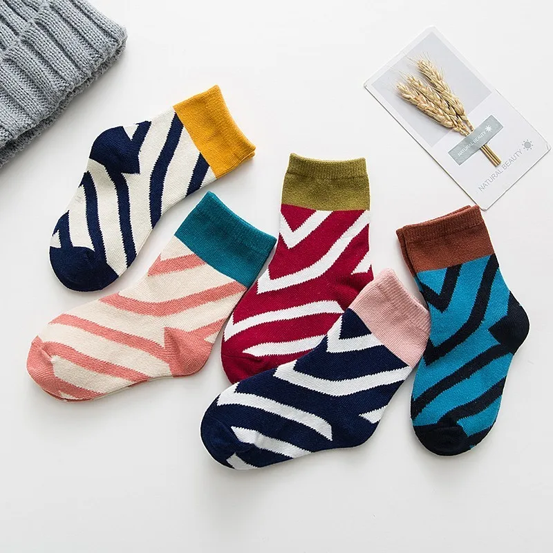 

Autumn New 5 Pairs Cotton Socks British Style Striped Colors Mixed Short Tube Socks Kids Boys Girls Ankle Socks 1-12 T